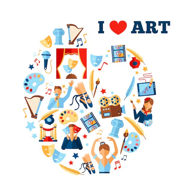 I love art illustration formed by icons of music, theatre, dance, film, painting, and literature, representing multidisciplinary, art‑integrated learning at STS Ghaziabad.
